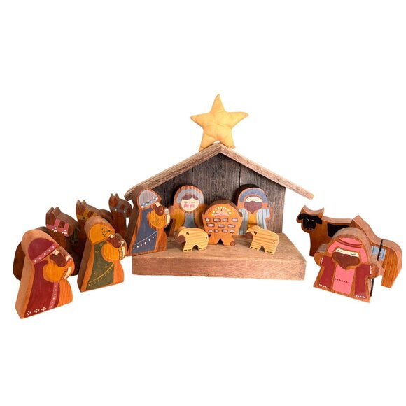 Homemade Other - Wood Nativity Set Barn Hand Painted Craftsmen Cottagecore Christmas Homemade